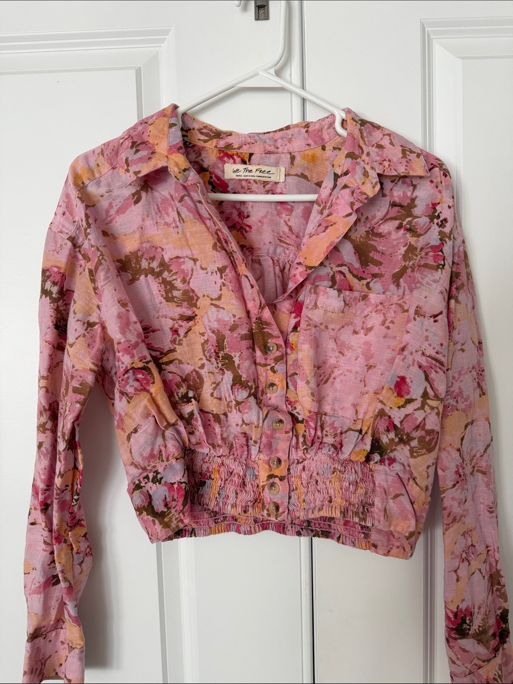We The Free Pink Floral Button-Front Smocked Hem Top